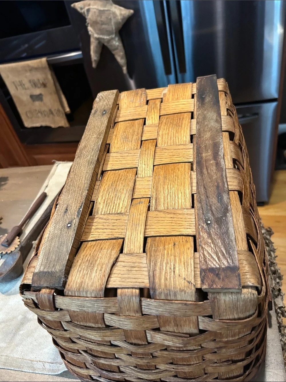 Woven Wood Picnic Basket with Hinged Wooden Lid - Brown